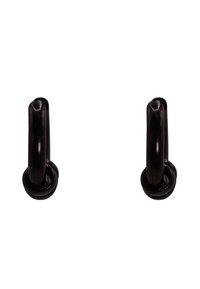 Ganci in metallo con un design curvo, caratterizzati da una finitura scura e una superficie liscia, attaccati a una base circolare.