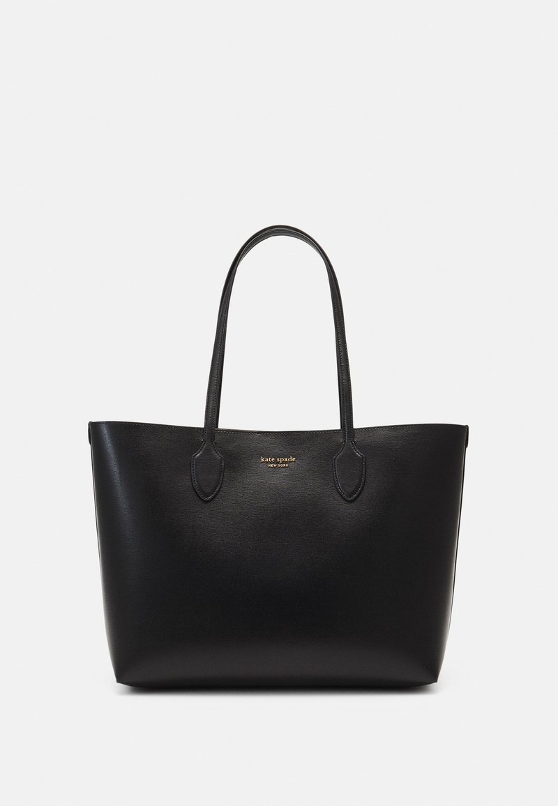 Saco tote preto em couro com duas alças, textura suave e design minimalista. Apresenta um logótipo discreto em letras douradas na frente.