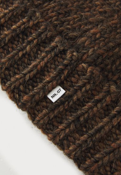 Knit beanie in earthy tones of brown and black, featuring a textured pattern and a small white tag embossed with "NN.07."