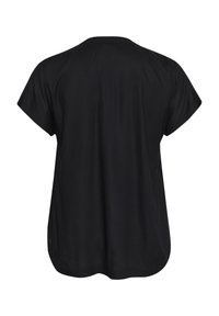 T-shirt noir à manches courtes, en tissu lisse. Il présente une coupe décontractée et un ourlet arrondi, avec un design simple et sans motifs ni accents visibles.