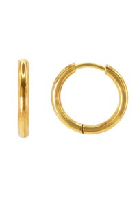Goldfarbene, vergoldete Creolen mit einer glatten, polierten Oberfläche. Kreisförmige Form mit einem sicheren Verschluss und einer leicht erhöhten Dicke.