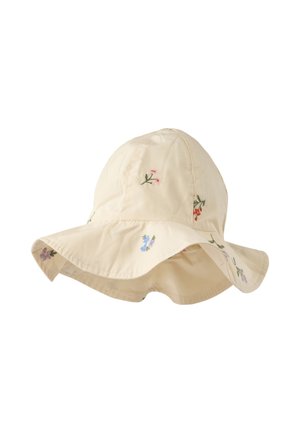 Sombrero crema de ala ancha con pequeñas flores bordadas en varios colores, con un diseño de ala blanda y caída.