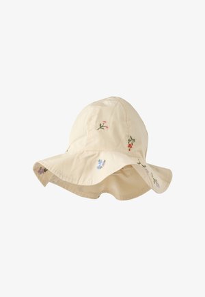 Kremfarget hatt med bred brem og broderte små blomster i ulike farger, med et mykt, slapt bremdesign.