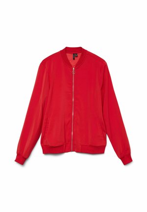 Veste bomber rouge avec fermeture éclair à l'avant et poches latérales, col, poignets et ourlet côtelés, posée à plat sur fond blanc.