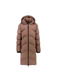 Bruine gewatteerde parka jas met een capuchon, voorzien van een ritssluiting, drukknoopsluiting en geribbelde manchetten. Kenmerkend diagonaal gestikt patroon.