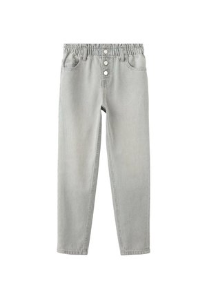 Jean en denim gris avec une taille élastique, trois boutons à l'avant et deux poches latérales. Coupe droite avec légère décoloration.