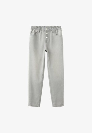 Jeans in denim grigio con vita elastica, tre bottoni frontali e due tasche laterali. Presentano una gamba dritta e una leggera scoloritura.