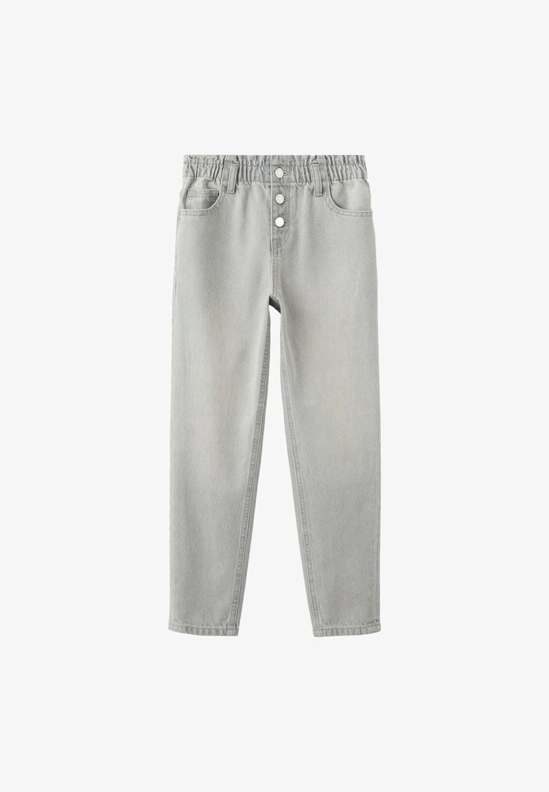 Šedé džíny z denimu s elastickým páskem, třemi předními knoflíky a dvěma bočními kapsami. Mají rovné nohavice a lehce vybledlý vzhled.