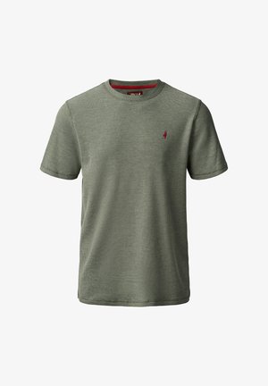 Zelené textured tričko s krátkym rukávom a okrúhlym výstrihom, so malým červeným logom na hrudi. Ľahký materiál a voľný strih.