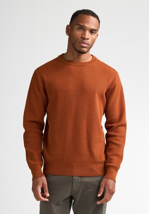 Mężczyzna noszący sweter w kolorze spalonym pomarańczowym o fakturowanej strukturze oraz ciemnoszare spodnie, stojący na tle jednolitego jasnego tła.