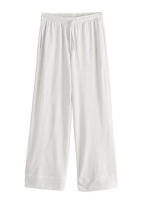 Pantalon d’intérieur gris clair à jambes larges avec taille élastique, cordon, poches latérales et ourlets retroussés.