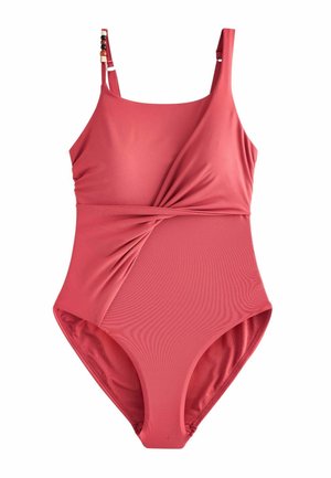 Korálovo ružové jednodielne plavky so zrazeným detailom vpredu, nastaviteľnými ramennými popruhmi a drevenými korálkami na jednom popruhu.