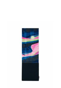 Gaiter de cuello Buff multicolor con un patrón abstracto en azul y rosa, que presenta una luna, y que se transforma en una sección inferior negra sólida.