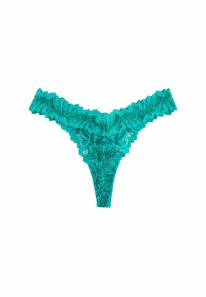 Aqua kantenvliesje met een bloemenpatroon, gegolfde randen en een smalle tailleband. Het ontwerp benadrukt de complexe details en textuur.
