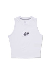 Wit mouwloos crop top gemaakt van een gladde stof, met een zwart "Volcom Stone" logo gecentreerd aan de voorkant. Subtiele details bij de halslijn en armsgaten.