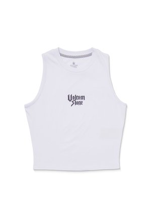 Top corto senza maniche bianco realizzato in tessuto liscio, con un logo nero "Volcom Stone" centrato sul davanti. Dettagli sottili sul collo e sulle aperture delle maniche.