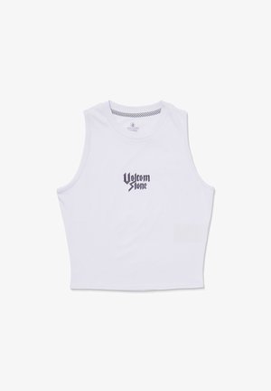 White sleeveless crop top made of smooth fabric, featuring a black "Volcom Stone" logo centered on the front. Subtle neckline and armhole details.