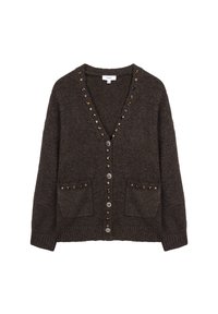 Donkerbruine cardigan met een V-hals, voorzien van decoratieve knopen, twee voorzakken en ribbelmanchetten. Zacht, gestructureerd materiaal.