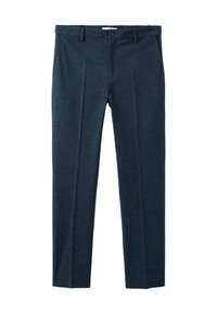 Dunkelblaue formelle Hose mit Gürtelschlaufen, Seitentaschen, vorderem Knopf und Bügelfalte, flach auf weißem Hintergrund liegend.