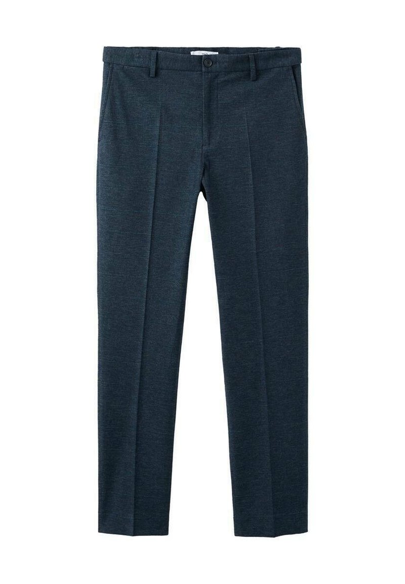 Pantalon formel bleu foncé avec passants de ceinture, poches latérales, bouton à l'avant et pli marqué le long des jambes, posé à plat sur un fond blanc.