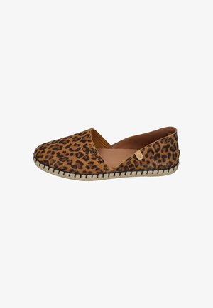 Brown leopard print slip-on flat shoe with rounded toe and black stitched trim along light-colored sole.