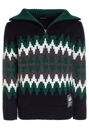 Granatowy sweter wykonany na drutach z zielonym, białym i szarym geometrycznym zygzakowatym wzorem, prążkowanym kołnierzem na zamek i naszywką "Outdoor Dept. 1" na dole.