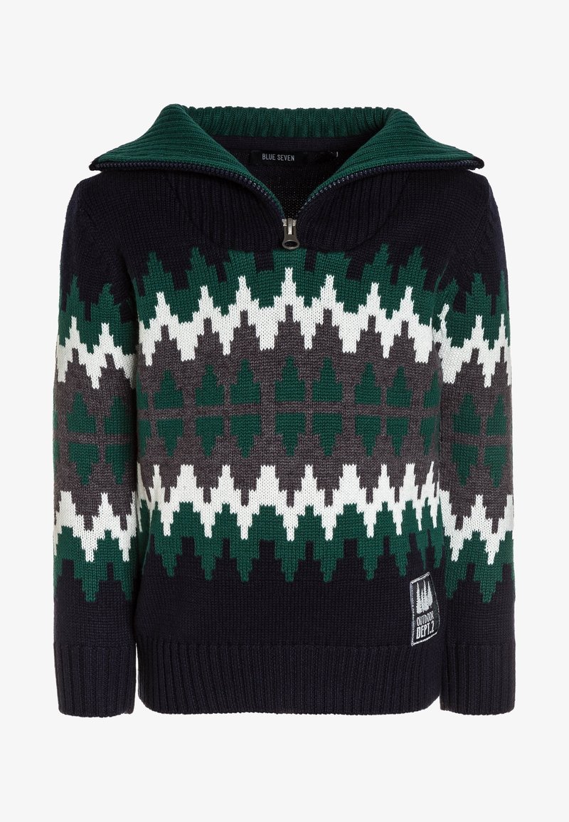 Pull en maille bleu marine avec motif géométrique en zigzag vert, blanc et gris, col zippé côtelé et patch "Outdoor Dept. 1" sur l'ourlet.