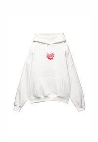 Felpa bianca con cappuccio, tasca frontale e un piccolo logo in stile graffiti rosso con tre ciliegie sul petto.