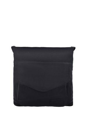 Schwarze Leder-Umhängetasche mit Frontklappfach und verstellbarem Riemen, kompaktes und minimalistisches Design.