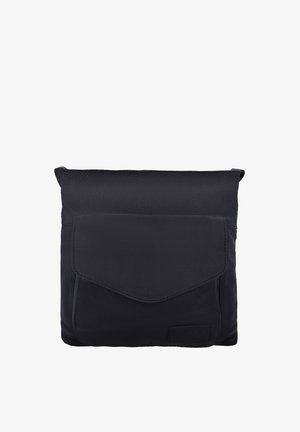 Schwarze Leder-Umhängetasche mit Frontklappfach und verstellbarem Riemen, kompaktes und minimalistisches Design.