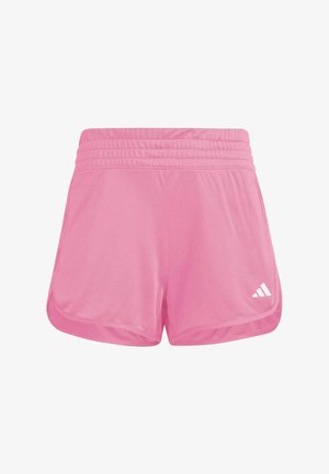 Pantaloni sportivi rosa con una texture liscia, una vita elasticizzata e un logo bianco sul lato sinistro in basso. Le fessure laterali favoriscono il movimento.