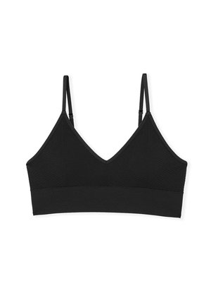 Czarny biustonosz typu bralette z dekoltem w kształcie litery V, regulowanymi ramiączkami oraz fakturowanym diagonalnym prążkowaniem na tkaninie. Elastyczna opaska u dołu.
