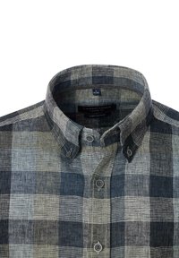 Leinenhemd mit Knopfleiste im karierten Muster in Marineblau, Grau und Weiß. Ausgestattet mit einem Kragen und zwei Knöpfen am Hals, lockere Passform.