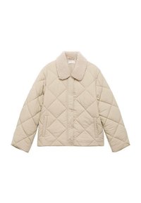 Chaqueta acolchada beige con botones a presión, bolsillos laterales y un suave collar de sherpa texturizado.