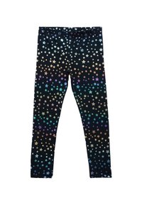 Leggings hechos de una tela elástica, con un fondo negro y patrones de estrellas multicolores, textura suave y cintura elástica.