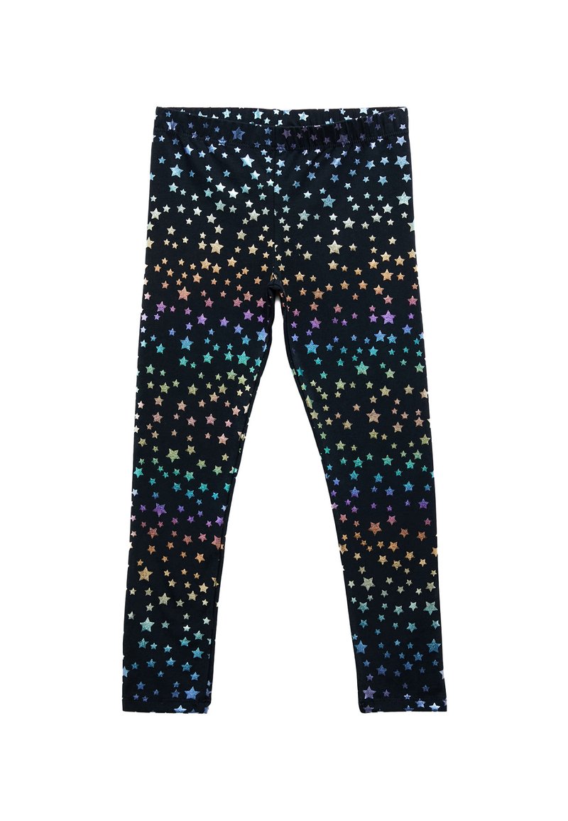 Leggings van rekbare stof, met een zwarte achtergrond en gekleurde sterrenpatronen, een gladde textuur en een elastische tailleband.
