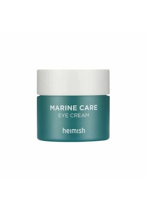 Petit pot bleu sarcelle avec couvercle blanc étiqueté « Marine Care Eye Cream » de la marque Heimish sur fond blanc.