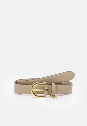 Beige leather belt with a textured finish, featuring a gold-tone buckle shaped like a double D. The belt has a slender design and adjustable length.