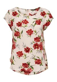 Blusa floreale di colore crema con fiori rossi e foglie verdi. Presenta maniche corte, scollatura rotonda e una zip posteriore. Tessuto testurizzato.