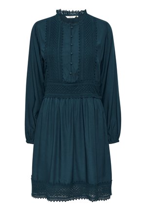 Dark teal long-sleeve dress with lace accents, buttoned front, gathered waist, and lace trim on collar and hem.