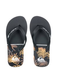 Zwarte slippers met een getextureerde voetbed, voorzien van oranje tropische bladerpatronen en zwarte rubberen bandjes. Quiksilver-logo op de zool.