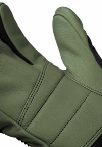 Green leather glove with textured surface, featuring stitched accents and a black interior for added comfort and grip.