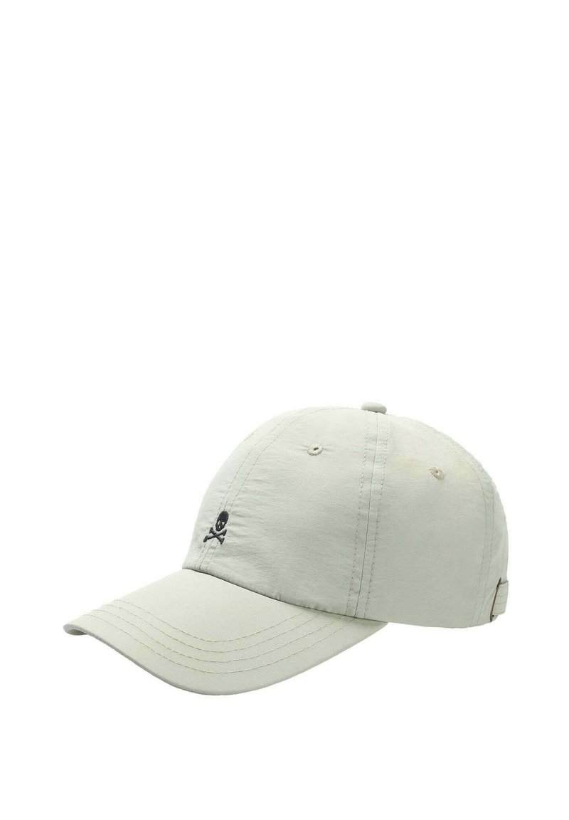 Light gray cotton baseball cap with a curved brim. Features a small black skull and crossbones embroidery on the front. Adjustable strap at the back.