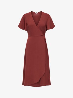 Rozsdabarna, hosszú ujjú, rövid fodros ujjas, V-nyakú, oldalt megkötős derékú, aszimmetrikus szegélyű wrap ruha.