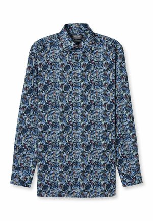 Langärmliges Hemd in Dunkelblau mit einem Blumenmuster in Blau-, Grün- und Bordeauxtönen; besitzt einen klassischen Kragen und eine knöpfbare Vorderseite.