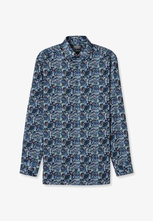 Langärmliges Hemd in Dunkelblau mit einem Blumenmuster in Blau-, Grün- und Bordeauxtönen; besitzt einen klassischen Kragen und eine knöpfbare Vorderseite.