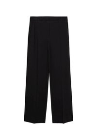 Black wide-leg trousers with a smooth fabric, featuring pleats at the front and side pockets, designed with a straight, relaxed cut.