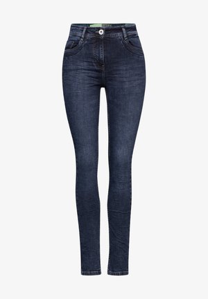 Dunkelblaue Skinny-Jeans aus Denim, mit zwei vorderen Taschen, einem Knopfverschluss und kontrastierenden Nähten entlang der Nähte.