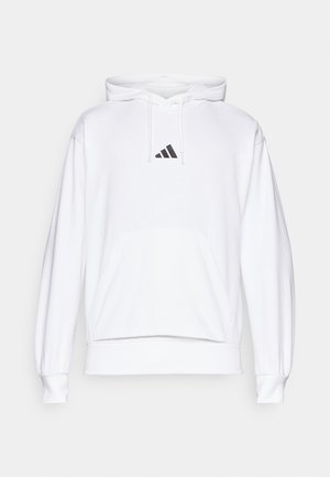 Sweatshirt branca feita de mistura de algodão. Apresenta um bolso canguru frontal, capuz com cordão e um logo preto da Adidas no peito.