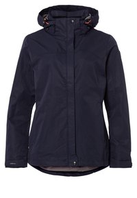 Veste imperméable bleu marine avec capuche, fermeture éclair intégrale à l’avant recouverte d’un rabat à boutons et poignets ajustables, conçue pour une utilisation en extérieur.